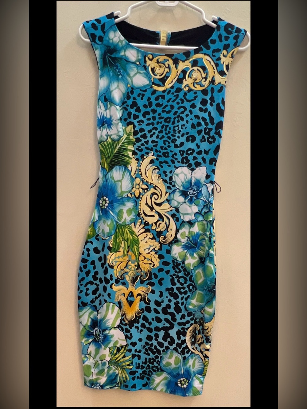 Cache turquoise Blue Floral & Gold-Scroll open back Dress XS
